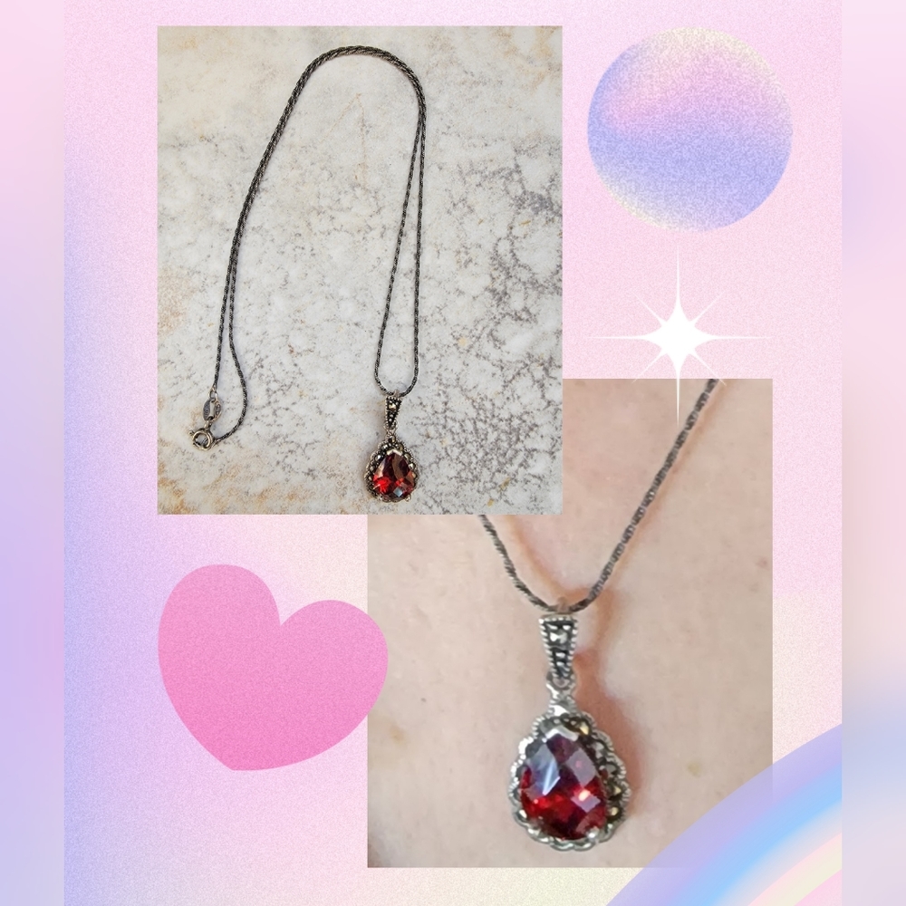 Vintage Style Antique Slivertone Necklace with Red Pendant